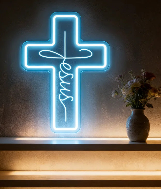 Jesus Cross LED Neon Sign – Faith Wall Decor for Home & Church
