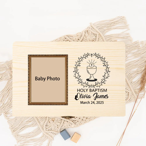 Engravable pine baptism keepsake box with photo-frame lid