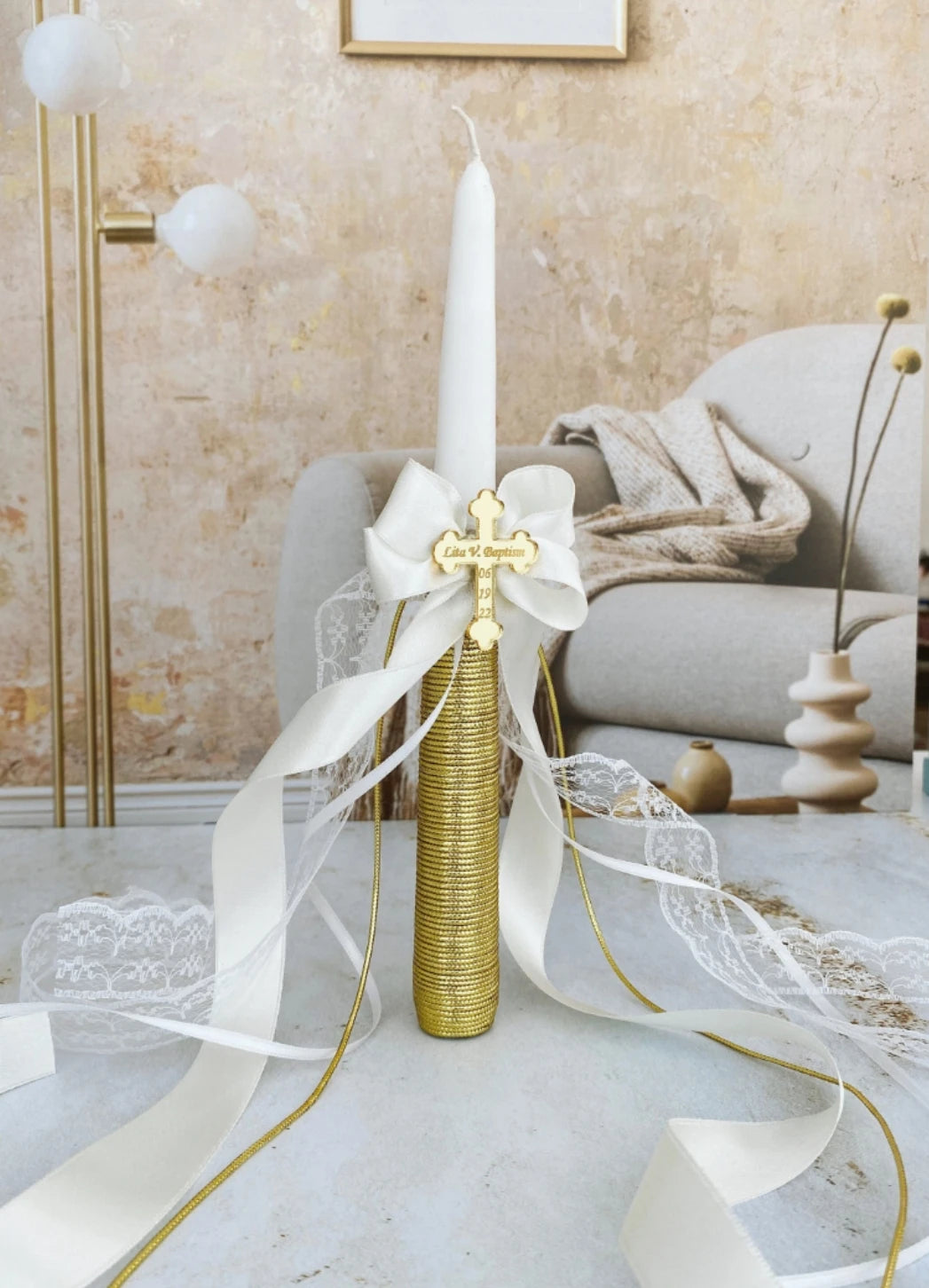 Personalised christening candle with engraved wooden cross charm