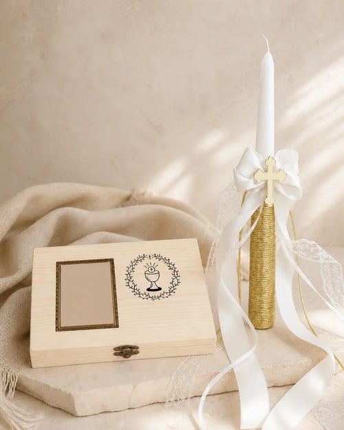 Aurea Faith personalised godmother proposal candle and keepsake box on ivory fabric